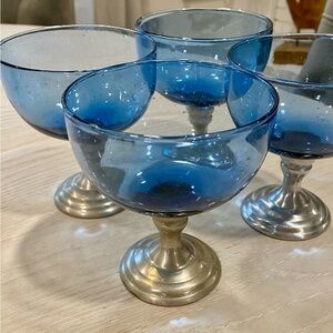 RARE unique artisan made cobalt blue blown glasses with solid pewter stems/base.